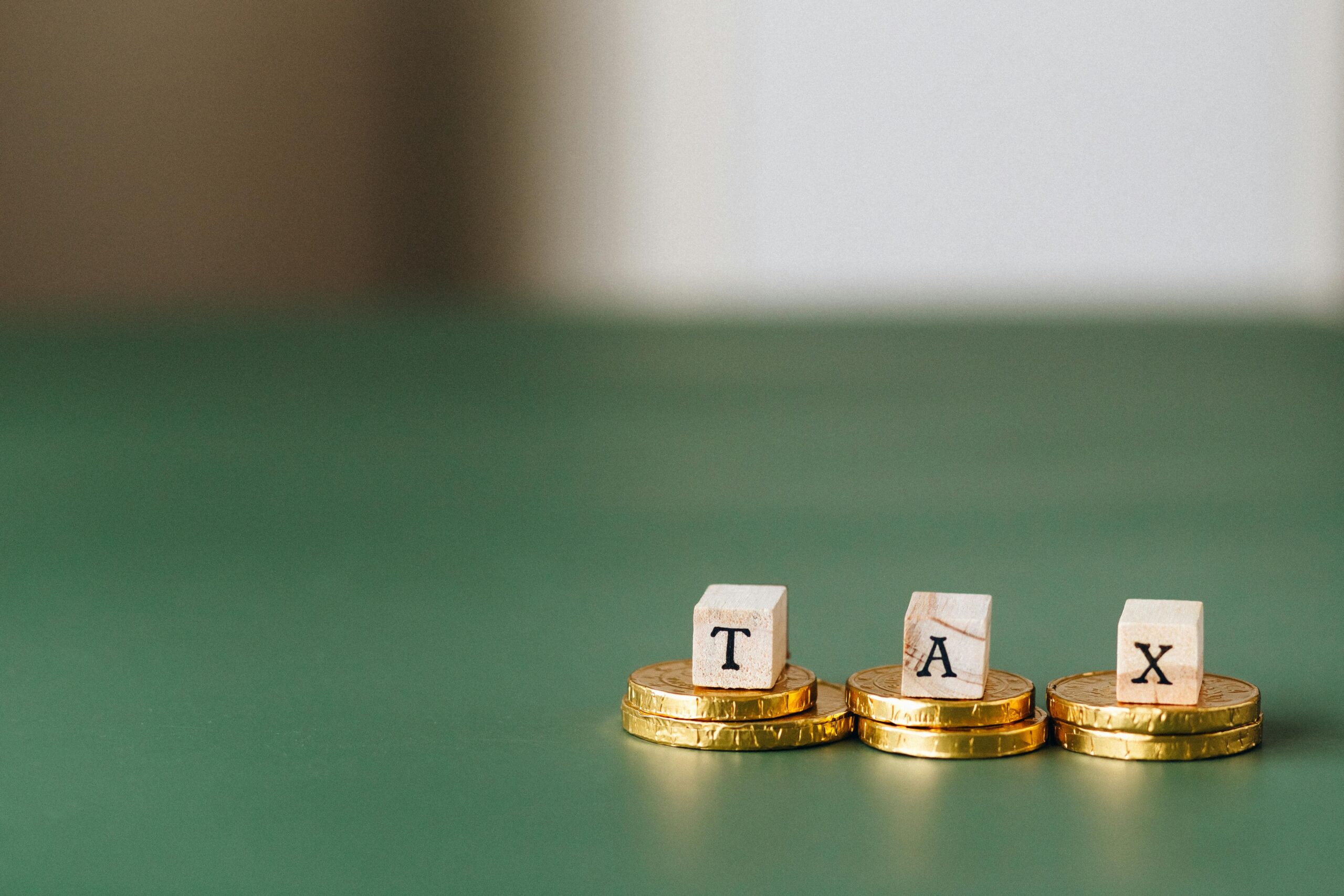 Coins with small wooden blocks on top of them spelling "tax".